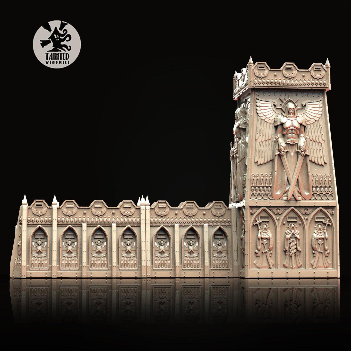Angelic Tower Defence Lines, Imperial Cathedral Terrain Sculpted by Tainted Windmill for Wargames set in the Grimdark Future