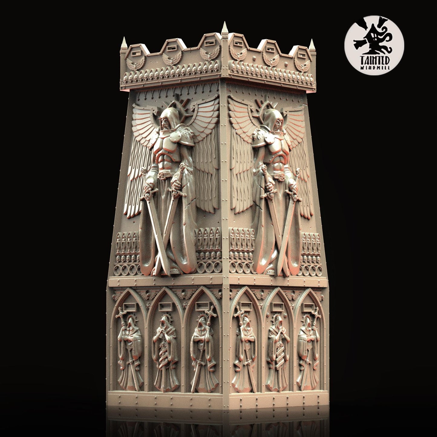 Angelic Tower Defence Lines, Imperial Cathedral Terrain Sculpted by Tainted Windmill for Wargames set in the Grimdark Future