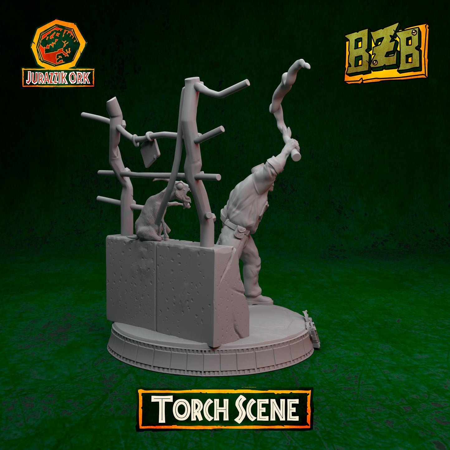 Torch - Scene, Jurazzik Ork, Movie-inspired Orkish Menace Sculpted by Big Zkreen Boyz, Grimdark Compatible, Scaled for Sci-Fi Wargames