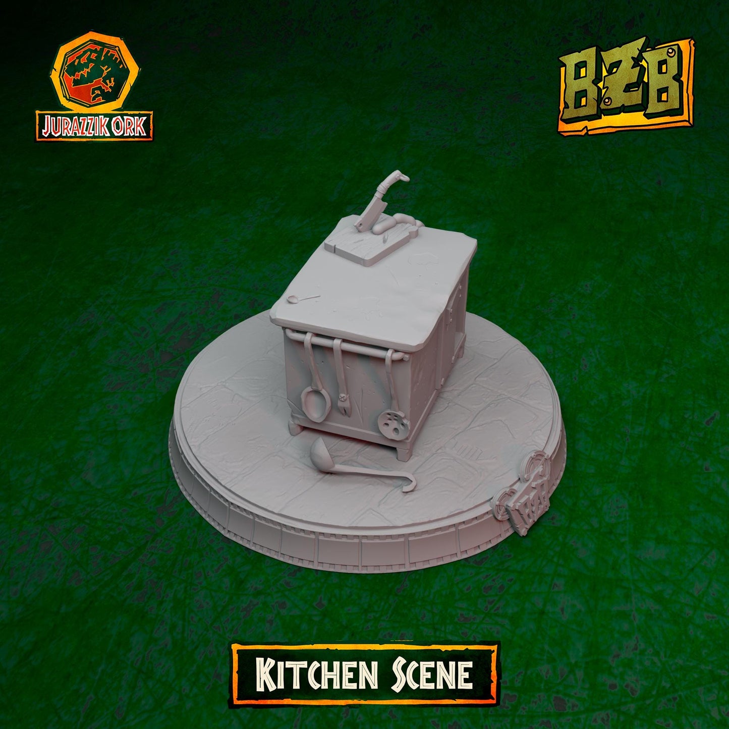 Kitchen - Scene, Jurazzik Ork, Movie-inspired Orkish Menace Sculpted by Big Zkreen Boyz, Grimdark Compatible, Scaled for Sci-Fi Wargames