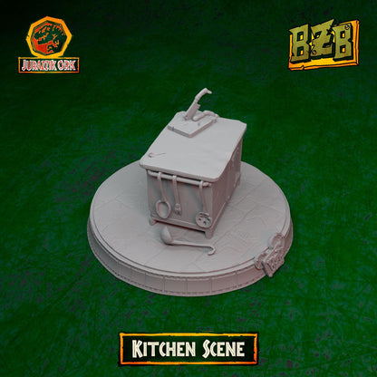 Kitchen - Scene, Jurazzik Ork, Movie-inspired Orkish Menace Sculpted by Big Zkreen Boyz, Grimdark Compatible, Scaled for Sci-Fi Wargames