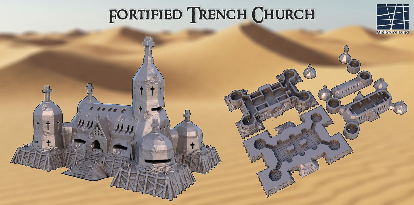 Fortified Trench Church - Tabletop Terrain - 32MM, 28 MM, Tabletop 3D Printed Terrain by MiniatureLand, Perfect for Wargaming and RPGs