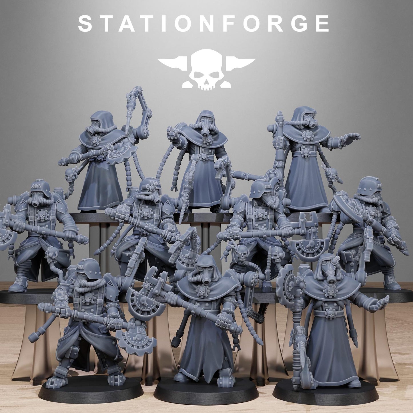 GrimGuard Tech Engineers, Space Techno-bots, modular Sci-Fi warriors by STATIONFORGE, Sci-Fi Wargames Cyber-themed Grimdark miniatures