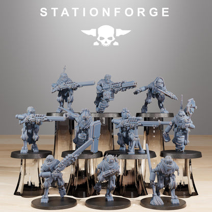 Scavenger Halflings, Space Techno-bots, modular Sci-Fi warriors by STATIONFORGE, Sci-Fi Wargames Cyber-themed Grimdark miniatures