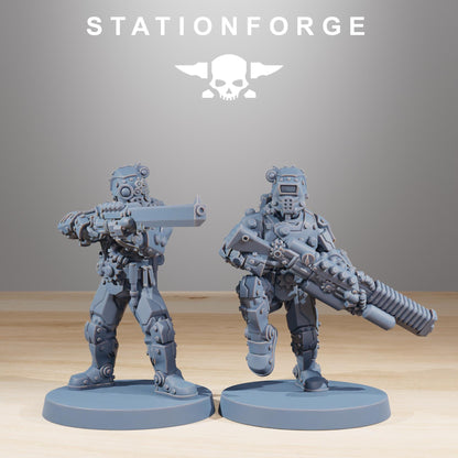 Scavenger Security Patrol, Space Techno-bots, modular Sci-Fi warriors by STATIONFORGE, Sci-Fi Wargames Cyber-themed Grimdark miniatures