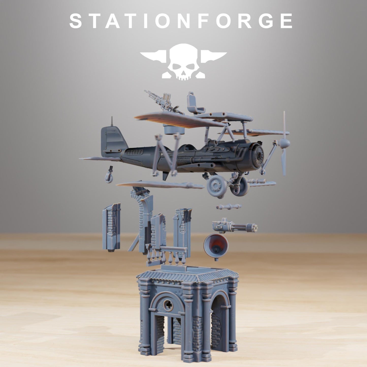 GrimGuard SF-14A Biplane, Modular Sci-Fi Guardsmen Airplane by STATIONFORGE, Sci-fi Wargames Proxy, Imperial Guard Biplane.