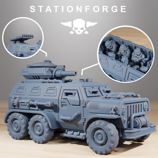 GrimGuard - Armored Vehicle, Modular Sci-Fi Guardsmen Vehicle by STATIONFORGE, Sci-fi Wargames Proxy, Imperial Guard Transport Truck
