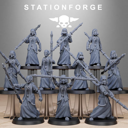 Scavenger Sister Priests, Space Techno-bots, modular Sci-Fi warriors by STATIONFORGE, Sci-Fi Wargames Cyber-themed Grimdark miniatures
