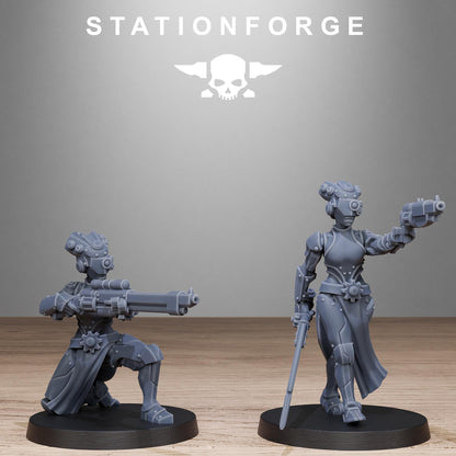 Scavenger Sisters Infantry, Space Techno-bots, modular Sci-Fi warriors by STATIONFORGE, Sci-Fi Wargames Cyber-themed Grimdark miniatures