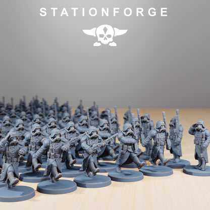 Grimguard Marching Poses, Death Korps Proxy, Sci-Fi Wargames Miniatures by STATIONFORGE