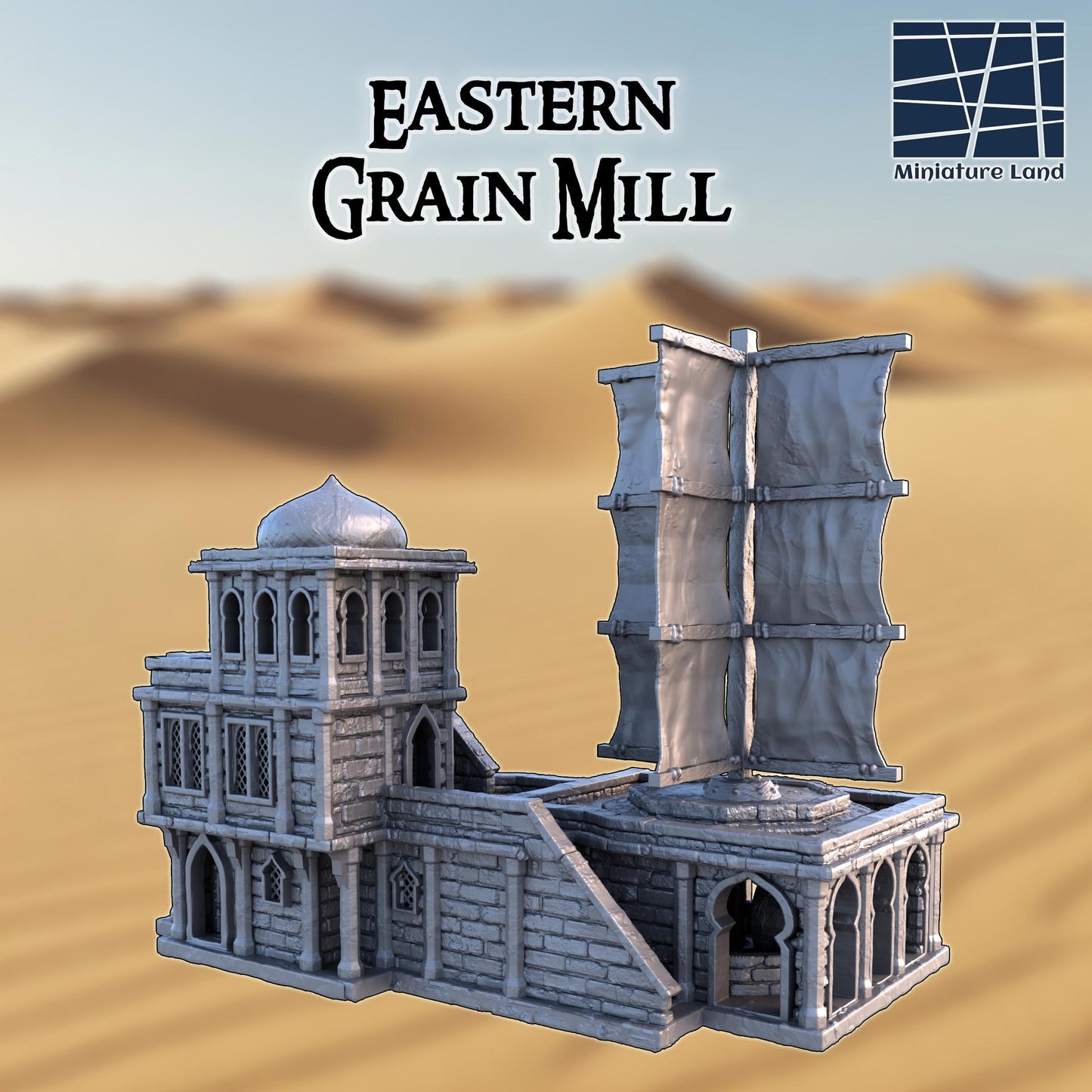 Eastern Grain Mill - Tabletop Terrain - 28 MM, Tabletop 3D Printed Terrain by MiniatureLand, Perfect for Wargaming and RPGs