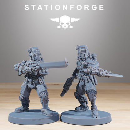 Scavenger Security Patrol, Space Techno-bots, modular Sci-Fi warriors by STATIONFORGE, Sci-Fi Wargames Cyber-themed Grimdark miniatures