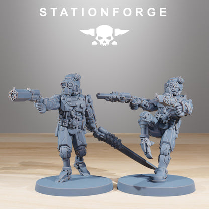 Scavenger Security Patrol, Space Techno-bots, modular Sci-Fi warriors by STATIONFORGE, Sci-Fi Wargames Cyber-themed Grimdark miniatures