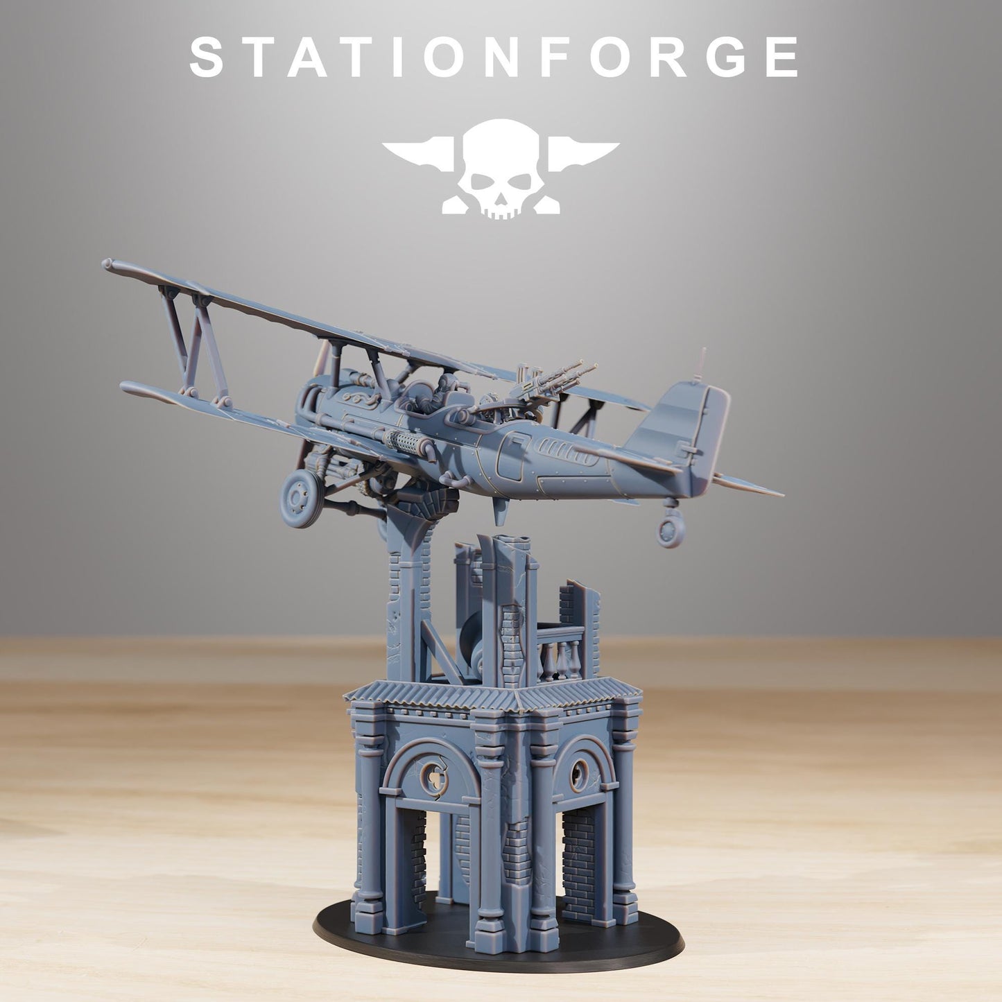 GrimGuard SF-14A Biplane, Modular Sci-Fi Guardsmen Airplane by STATIONFORGE, Sci-fi Wargames Proxy, Imperial Guard Biplane.