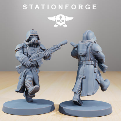Grimguard Marching Poses, Death Korps Proxy, Sci-Fi Wargames Miniatures by STATIONFORGE