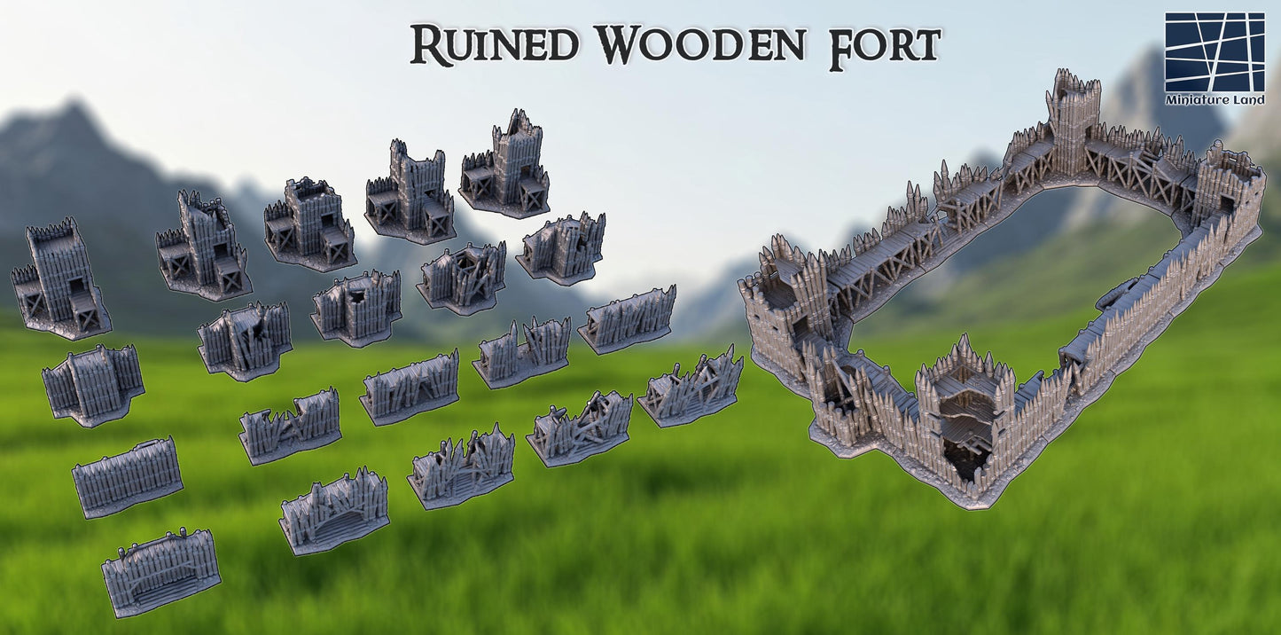 Ruined Wooden Fort - Tabletop Terrain - 28 MM, Tabletop 3D Printed Terrain by MiniatureLand, Perfect for Wargaming and RPGs
