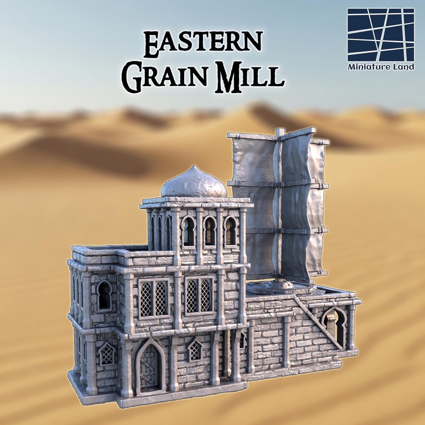 Eastern Grain Mill - Tabletop Terrain - 28 MM, Tabletop 3D Printed Terrain by MiniatureLand, Perfect for Wargaming and RPGs