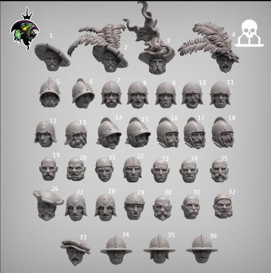 Modular Mercenary Bits, individual Heads. Fantasy Miniatures by Reptilian Overlords, perfect for Fantasy Wargames and Tabletop RPGs
