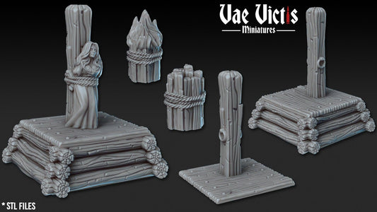 Witch Burning Stake with Kindling and tied Witch, Tabletop Scenery for RPGs & Wargaming, for Fantasy Wargames and Tabletop RPGs