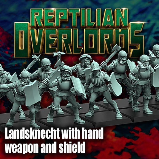 Imperial Landsknecht Handweapon and Shield Miniatures, Weapon Conversions Fantasy by Reptilian Overlords, perfect for Fantasy Wargames