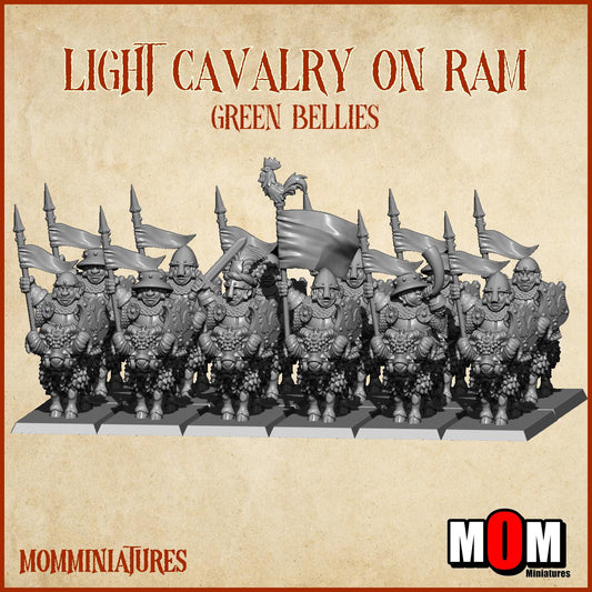 Halfling Light Cavalry on Ram, Green Bellies, Halfling Shire Defense Force by MoM Miniatures, perfect for Fantasy Wargames and Tabletop RPGs