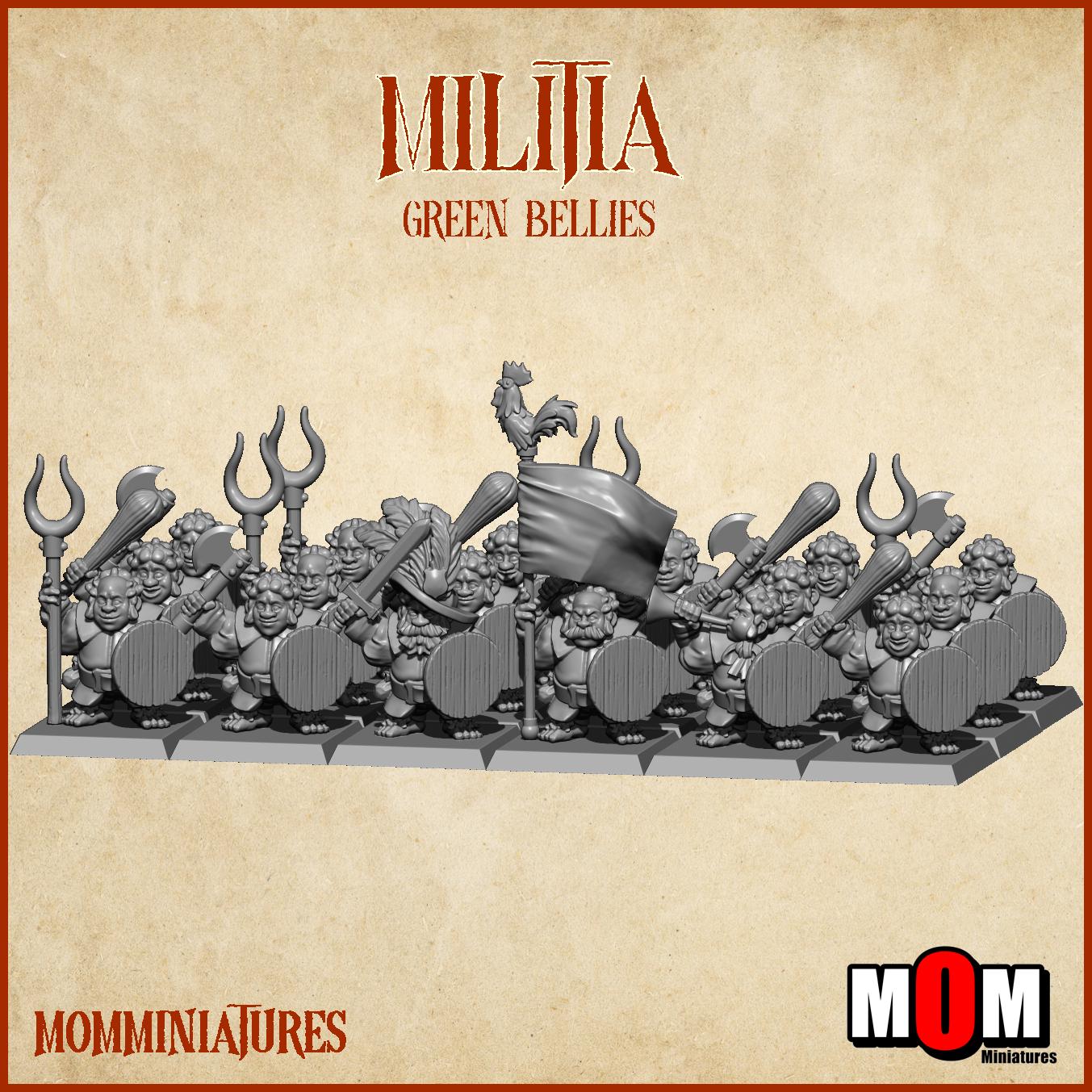 Halfling Militia, Green Bellies, Halfling Shire Defense Force by MoM Miniatures, perfect for Fantasy Wargames and Tabletop RPGs