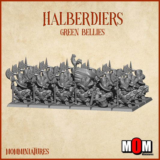 Halfling Halberdiers, Green Bellies, Halfling Shire Defense Force by MoM Miniatures, perfect for Fantasy Wargames and Tabletop RPGs