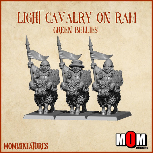 Halfling Light Cavalry on Ram, Green Bellies, Halfling Shire Defense Force by MoM Miniatures, perfect for Fantasy Wargames and Tabletop RPGs