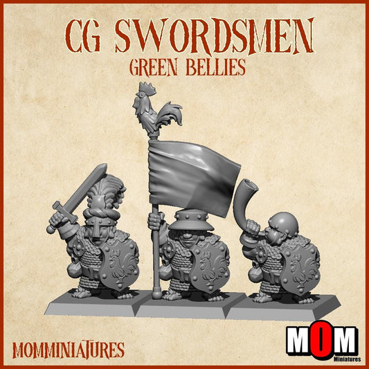 Halfling Swordsmen, Green Bellies, Halfling Shire Defense Force by MoM Miniatures, perfect for Fantasy Wargames and Tabletop RPGs