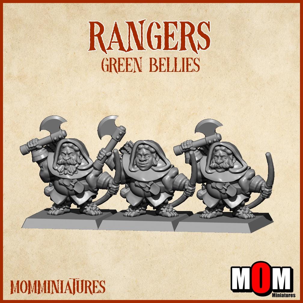 Halfling Rangers, Green Bellies, Halfling Shire Defense Force by MoM Miniatures, perfect for Fantasy Wargames and Tabletop RPGs