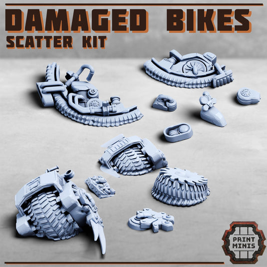Destroyed Bikes Scatter Kit, Grimdark Conversion Parts and Basing Materials Sculpted by Print Minis