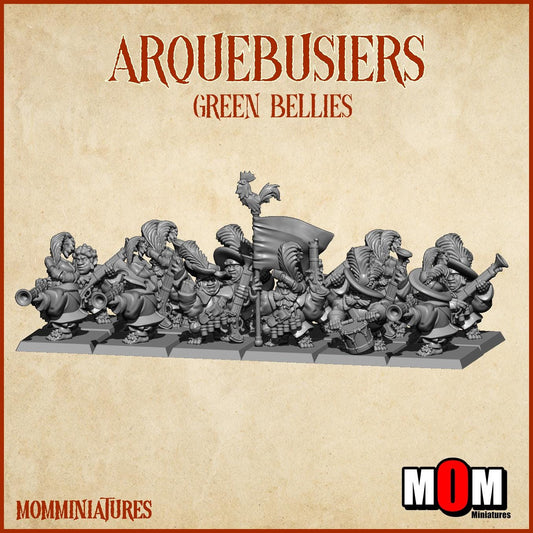 Halfling Arquebusiers, Green Bellies, Halfling Shire Defense Force by MoM Miniatures, perfect for Fantasy Wargames and Tabletop RPGs