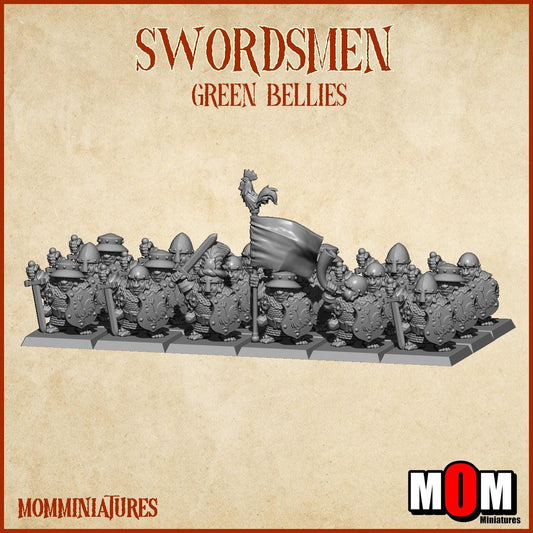 Halfling Swordsmen, Green Bellies, Halfling Shire Defense Force by MoM Miniatures, perfect for Fantasy Wargames and Tabletop RPGs