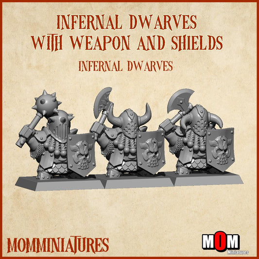 Infernal Dwarves with Weapon and Shields, Fantasy Skirmish Miniatures by MoM Miniatures, perfect for Fantasy Wargames and RPGs