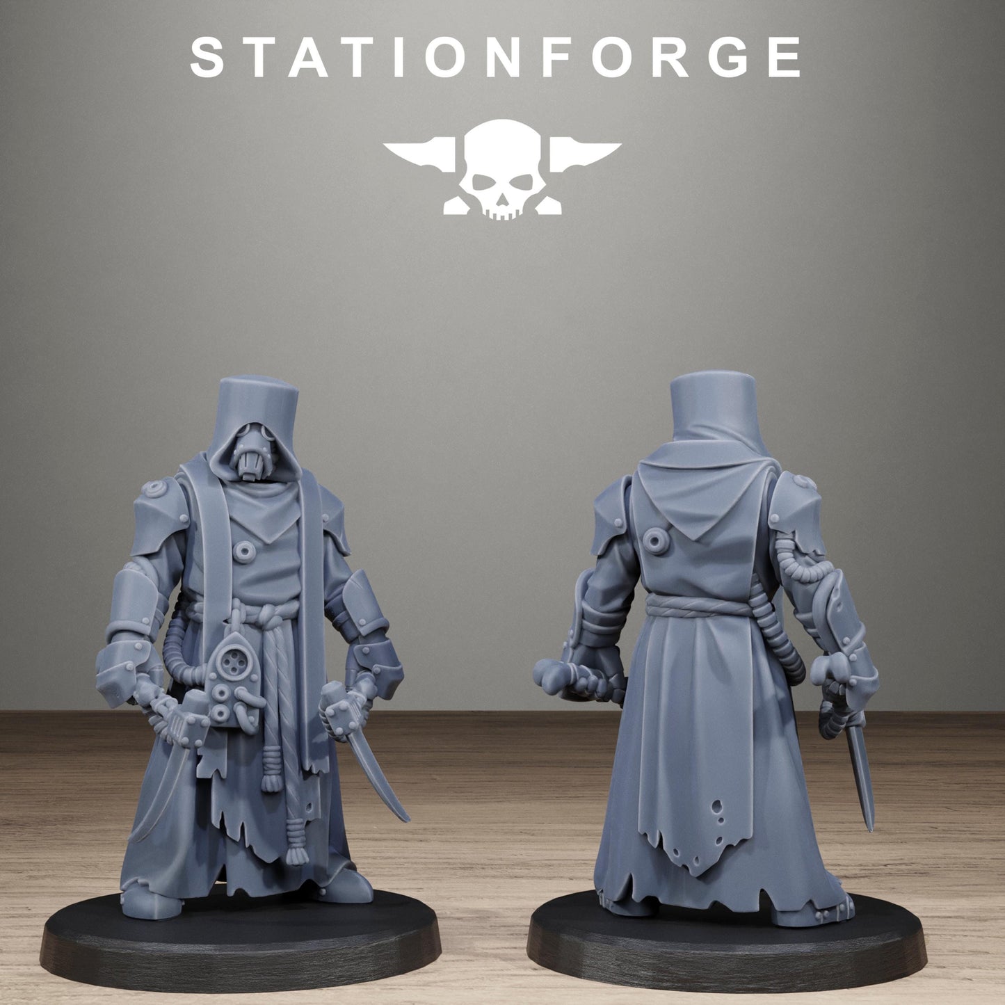 Scavenger Blade Preachers, Modular Sci-Fi Techno-Bot Miniatures by STATIONFORGE, Grimdark Wargames Proxy