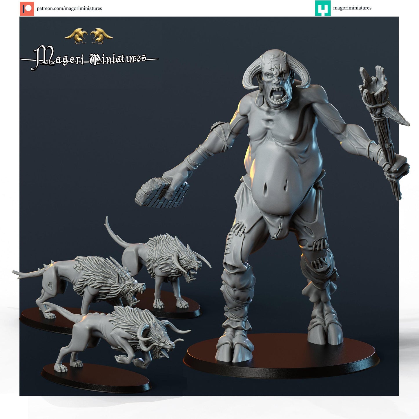Giant and Warhounds, Fantasy Skirmish Miniatures by Magori Miniatures, perfect for Fantasy Wargames and RPGs