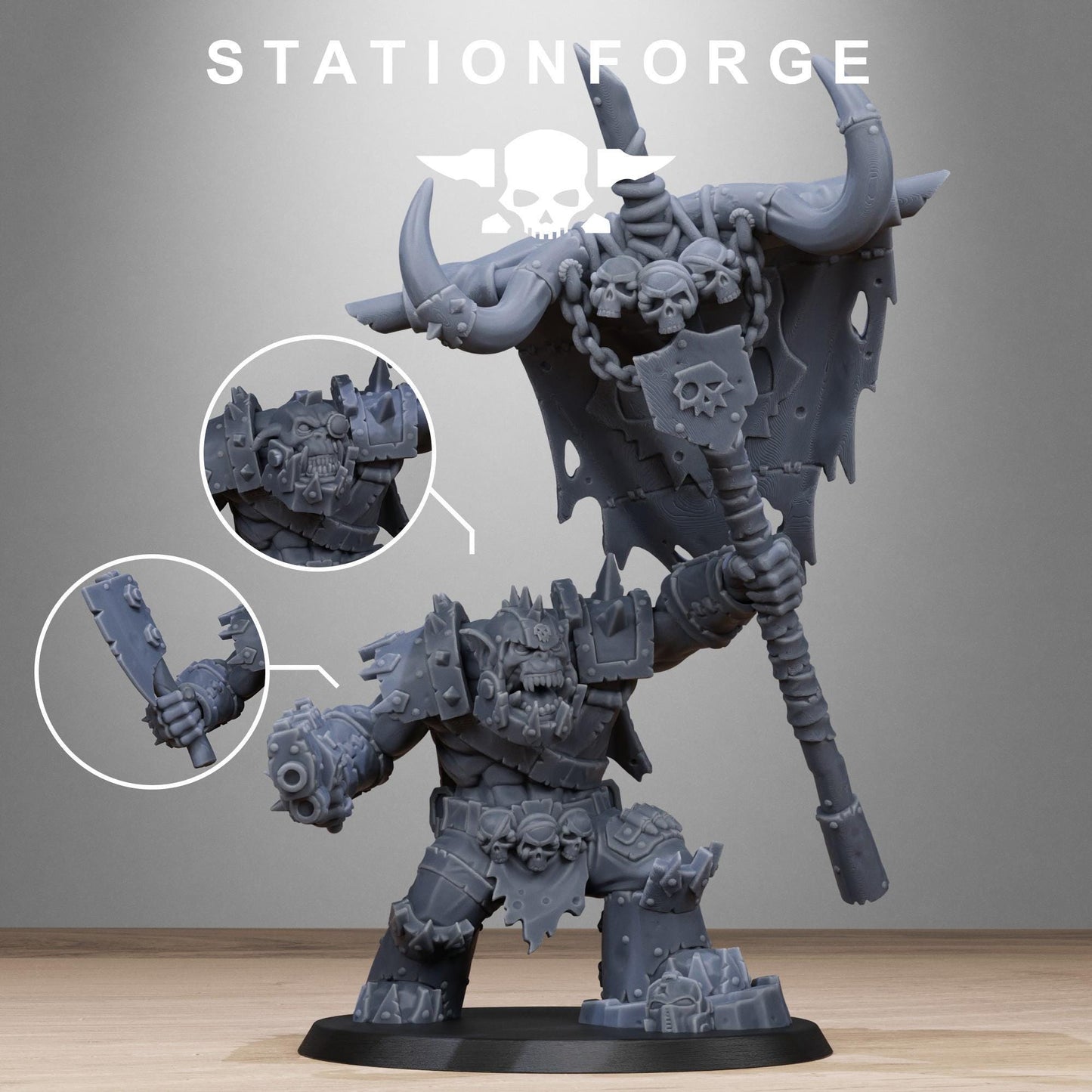 Orkaz Bearer Boss, Space-Faring Orkish Menace Sculpted by STATIONFORGE, Grimdark Compatible, Sci-Fi Wargame Scale
