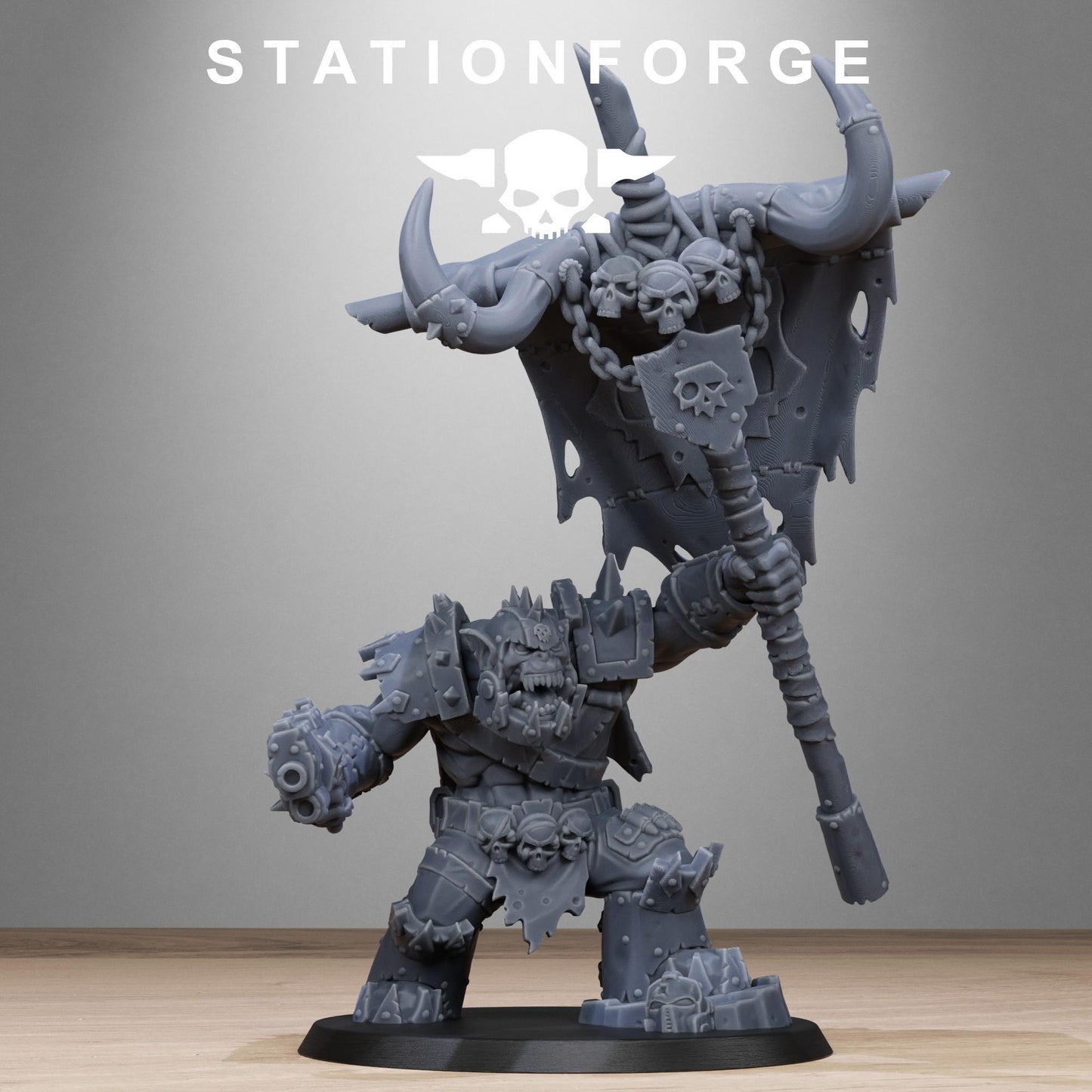 Orkaz Bearer Boss, Space-Faring Orkish Menace Sculpted by STATIONFORGE, Grimdark Compatible, Sci-Fi Wargame Scale