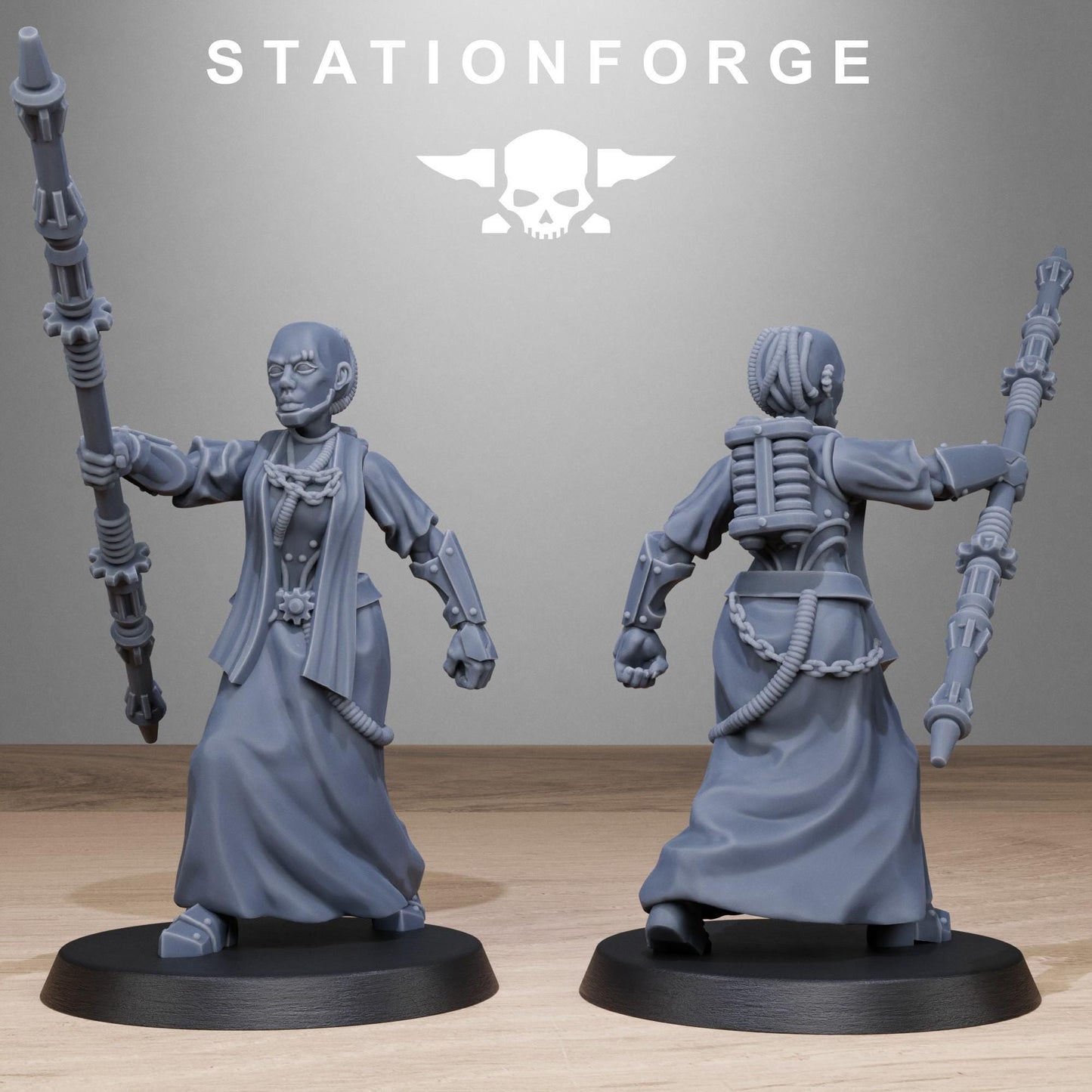 Sci-Fi Sister Priests Miniatures, Techno-bots, Grimdark Cyber Warriors by STATIONFORGE
