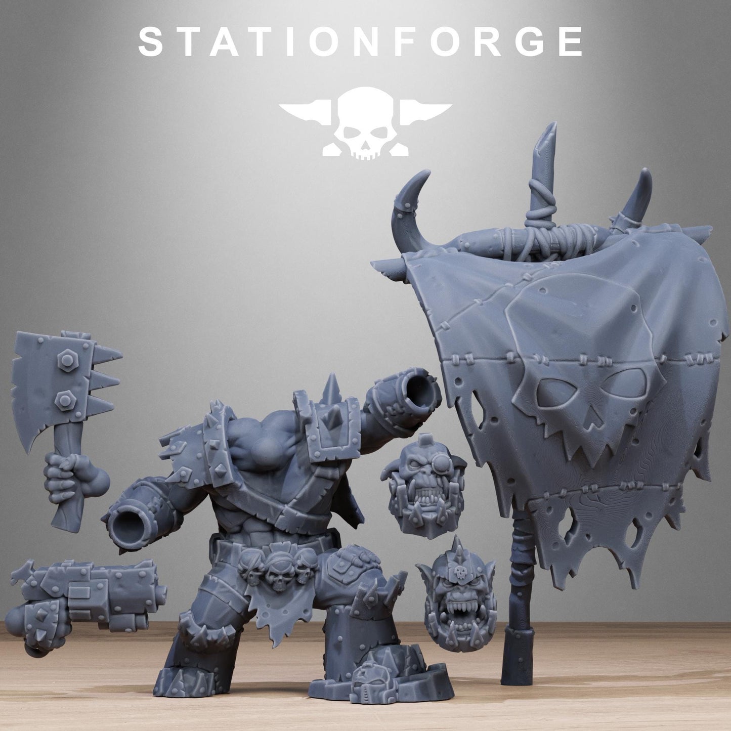 Orkaz Bearer Boss, Space-Faring Orkish Menace Sculpted by STATIONFORGE, Grimdark Compatible, Sci-Fi Wargame Scale