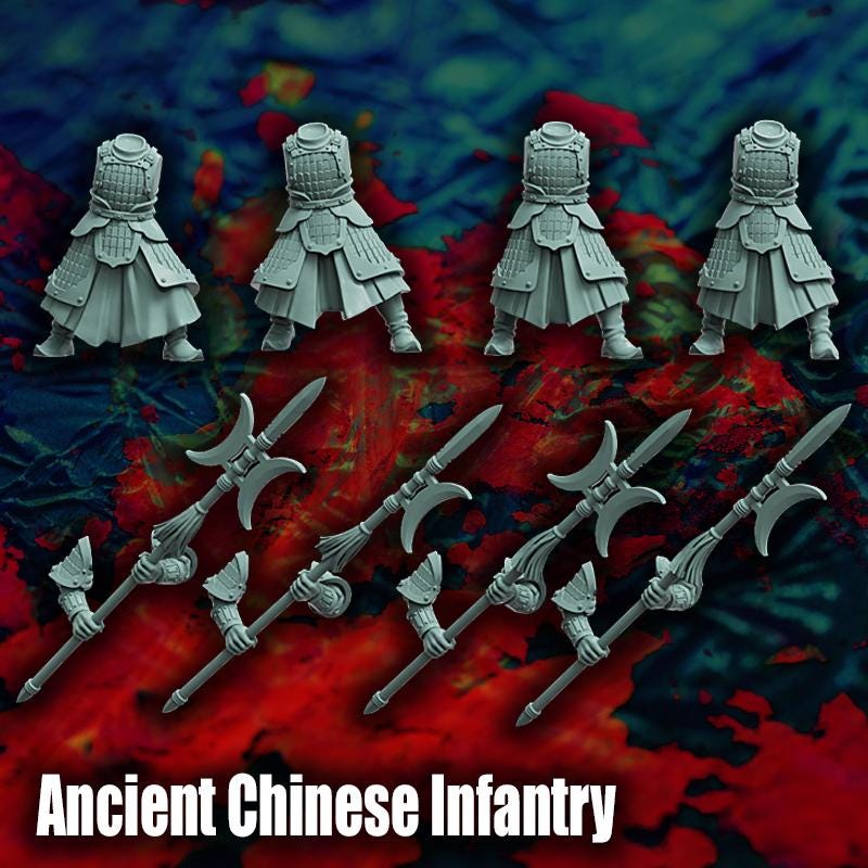 Ancient Chinese Infantry, Fantasy Miniatures by Reptilian Overlords, perfect for Fantasy Wargames